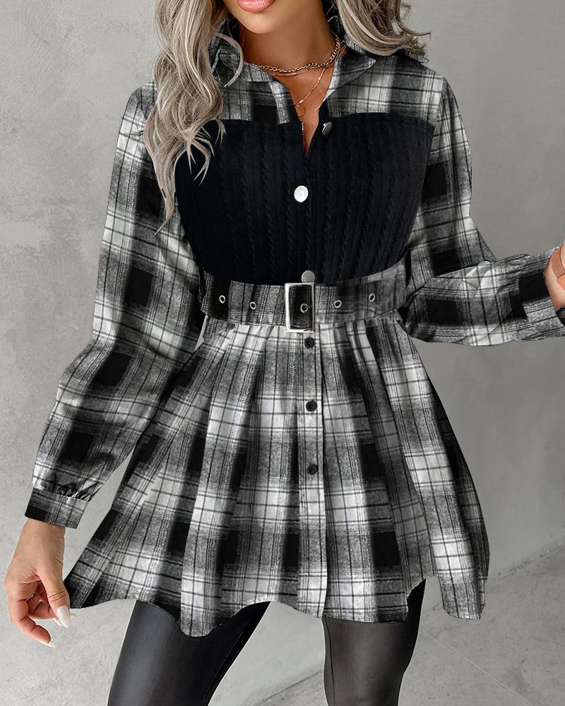 Plaid Print Patchwork Belted Buttoned Shirt