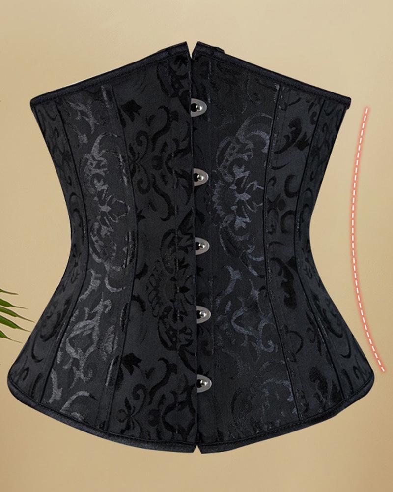 Baroque Pattern Tummy Control Boned Bustier Corset Lace-up Back Shapewear Top