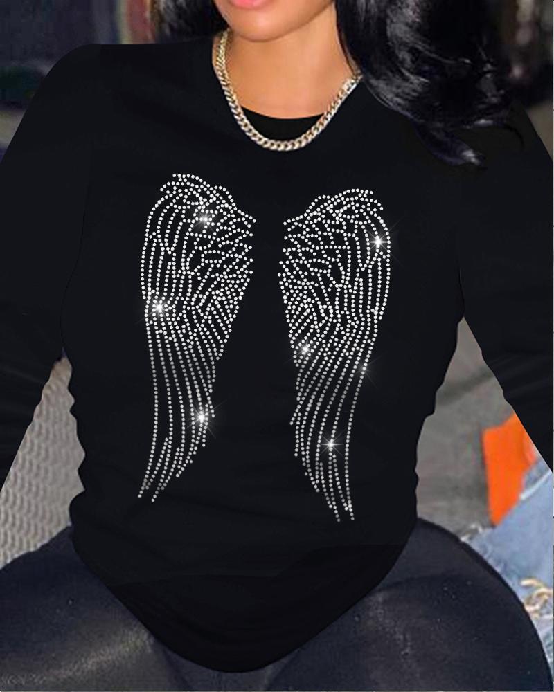 Plus Size Rhinestone Angel Wings Pattern Casual Top