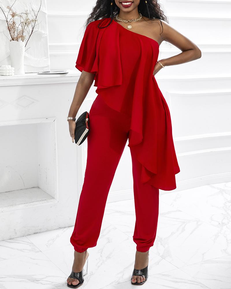 One Shoulder Asymmetrical Ruffles Jumpsuit