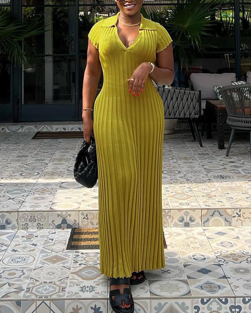 Casual Dresses Ribbed Turn Down Collar Casual Maxi Dress