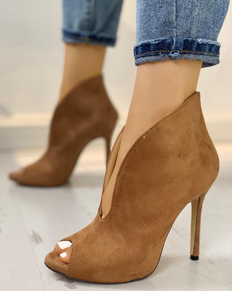 Peep Toe V-Shape Cut Out Ankle Boots