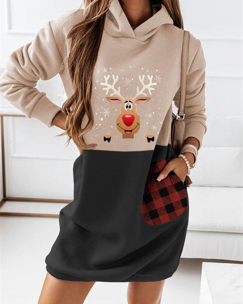 Casual Dresses  ChicMe Christmas Deer Plaid Print Colorblock Hooded Sweatshirt Dress