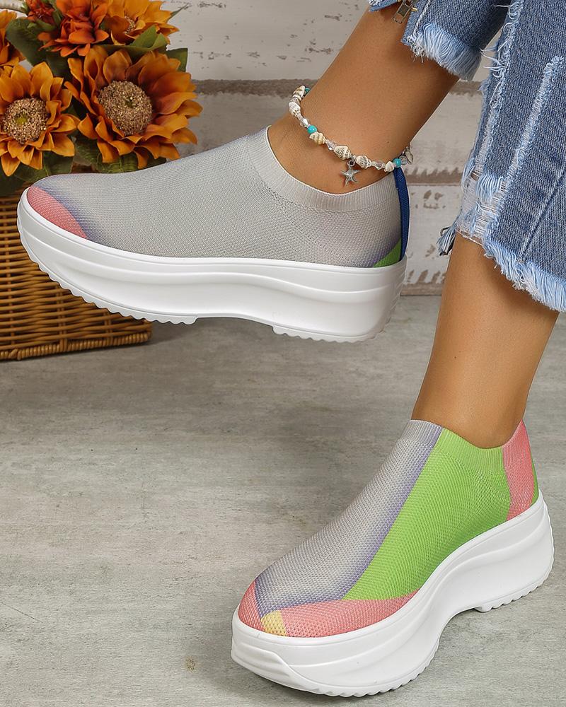 Colorblock Slip-on Platform Knit Running Sneakers