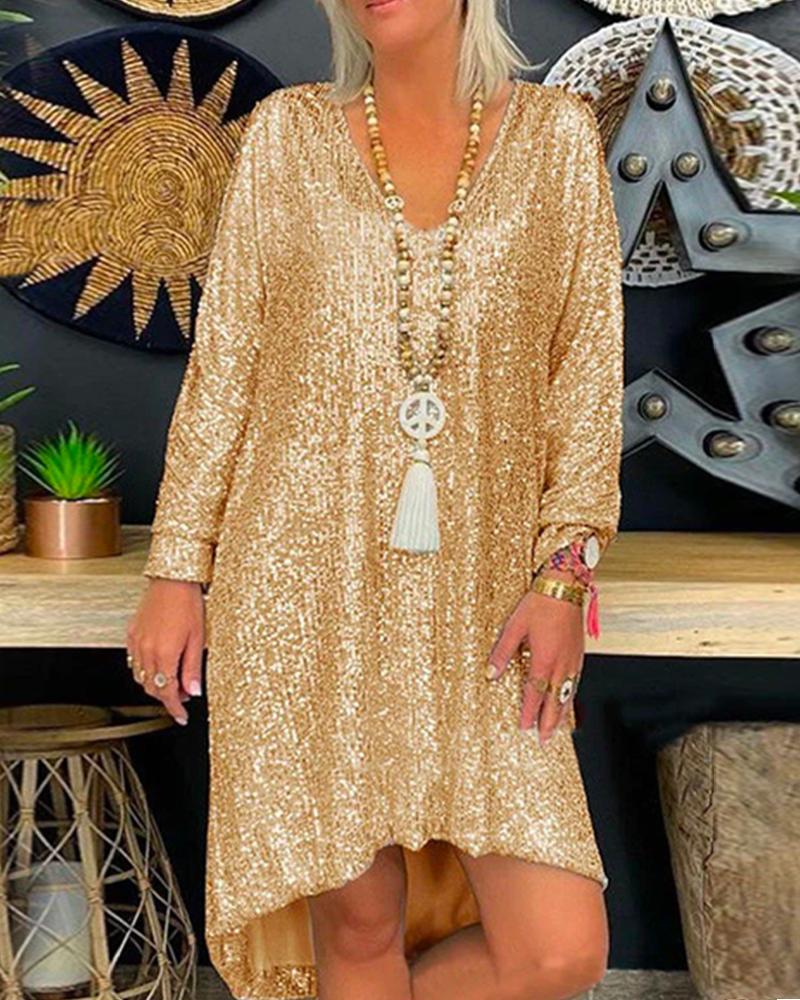 Long Sleeve Dip Hem Sequin Dress