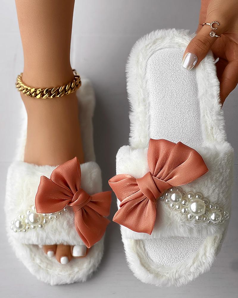 Fuzzy Bowknot Pearls Decor Slippers