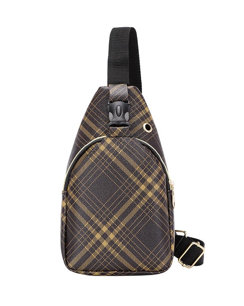 Graphic Plaid Print Zipper Design Shoulder Bag