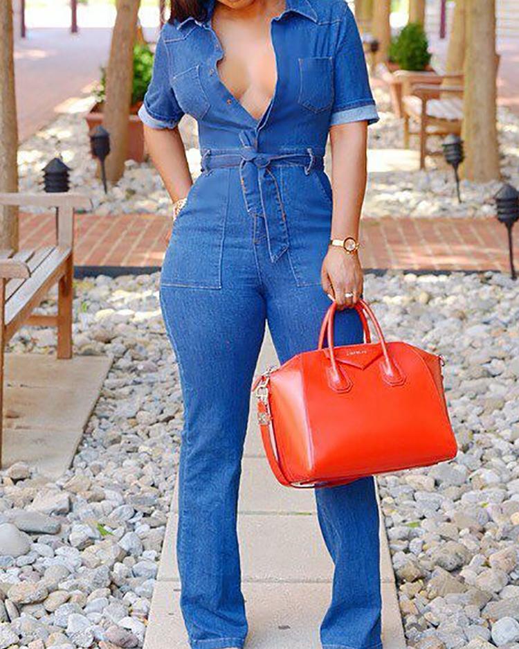 Sexy Tied Waist Pocket Denim Jumpsuits