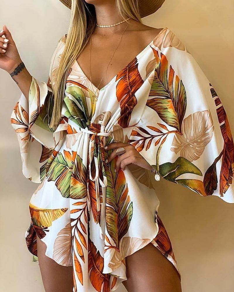 Print Dresses  ChicMe Tropical Print Tie Front Asymmetrical Dress