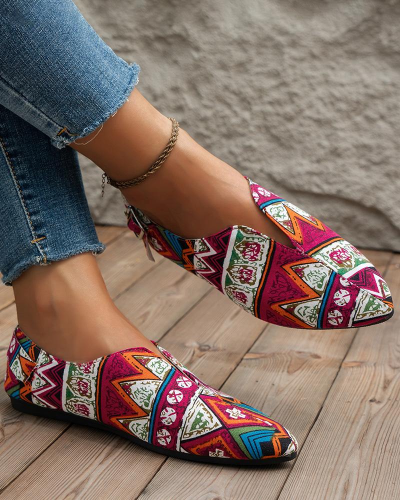 Tribal Geometric Print Point Toe Casual Loafers