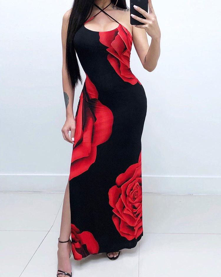 Floral Print Halter Backless Split Dress