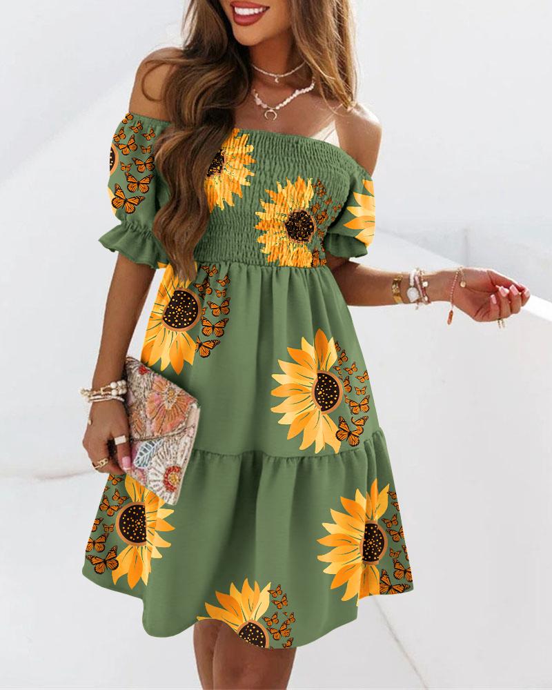 Casual Dresses Sunflower Butterfly Print Off Shoulder Swing Dress