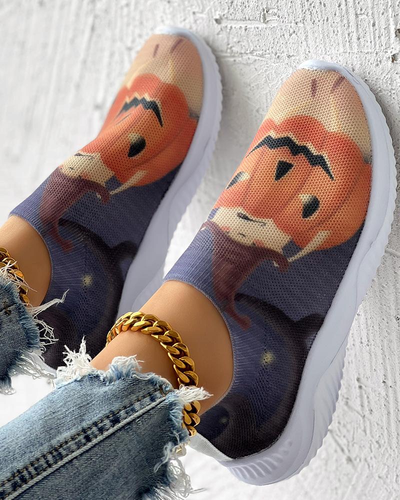 Halloween Pumpkin Graphic Print Breathable Slip-On Sneakers