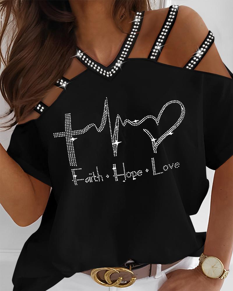 Rhinestone Faith Hope Love Heart Pattern Cold Shoulder T-shirt