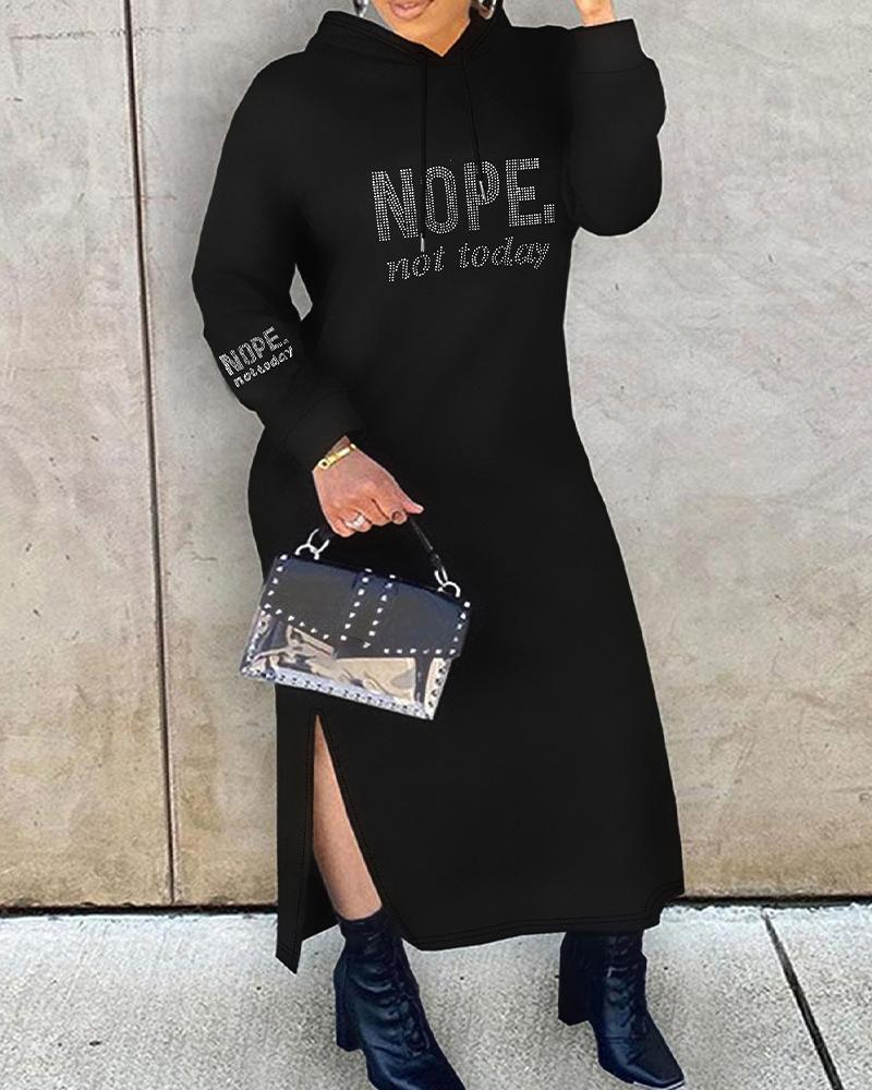 Plus Size Rhinestone Nope Not Today Slogan Pattern Hooded Sweatshirt Dress