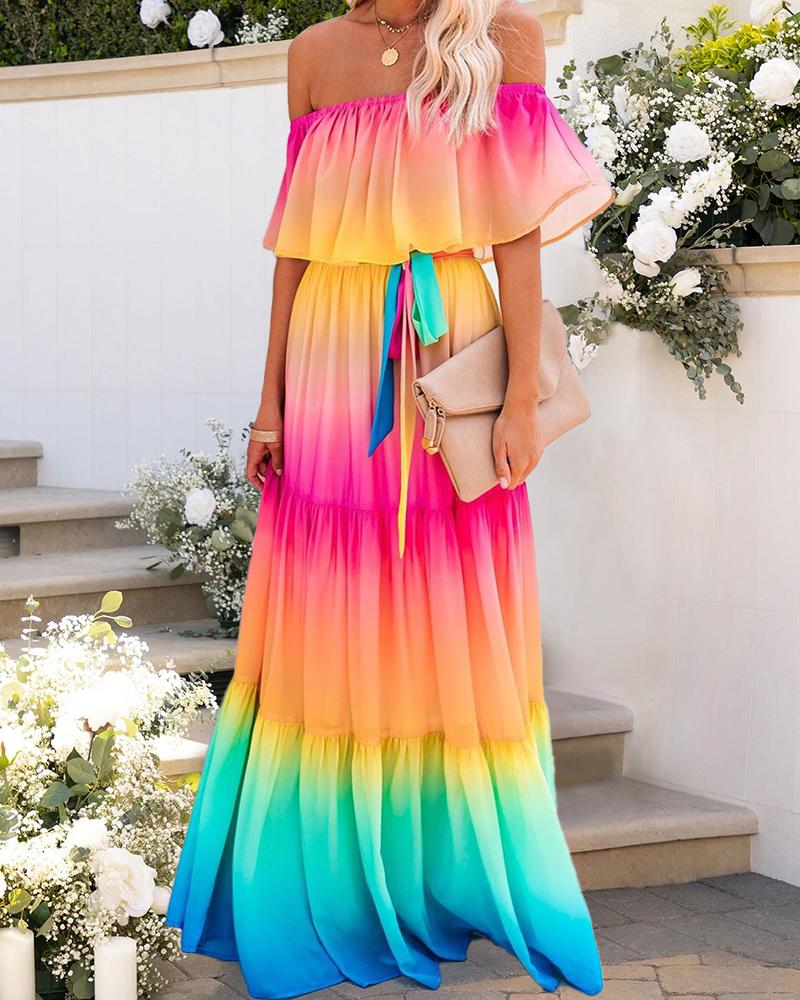 Off Shoulder Ombre Ruffles Maxi Dress