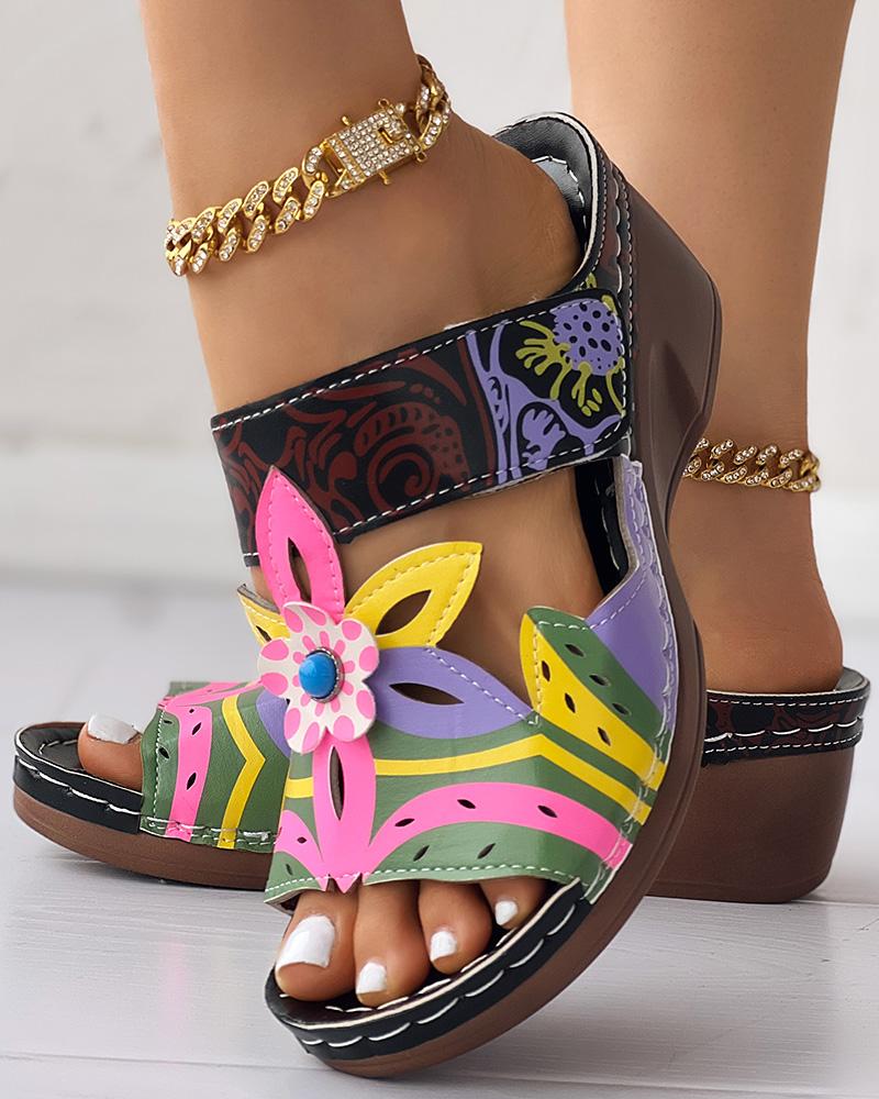 Colorblock Tribal Floral Pattern Wedge Slippers