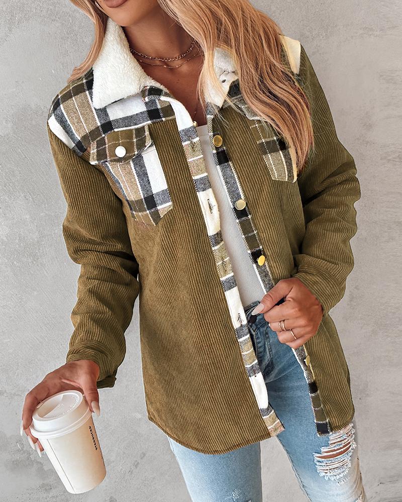 Colorblock Plaid Print Corduroy Lined Shacket