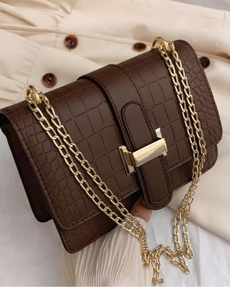 Embossed Chain Strap Flap Shoulder Bag