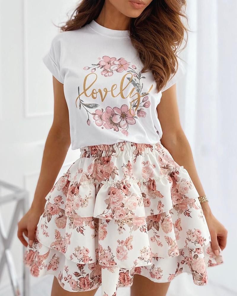 Floral Letter Print Layered Ruffles Dress
