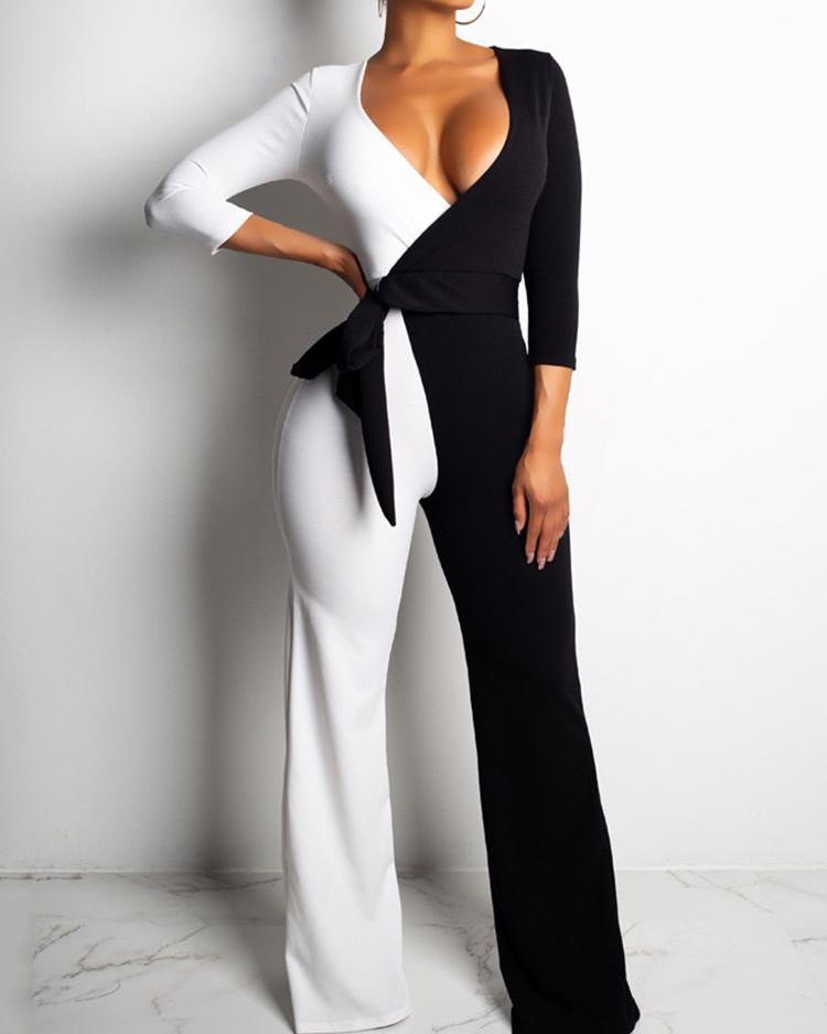 Two Tone Tied Waist Wrap Jumpsuits