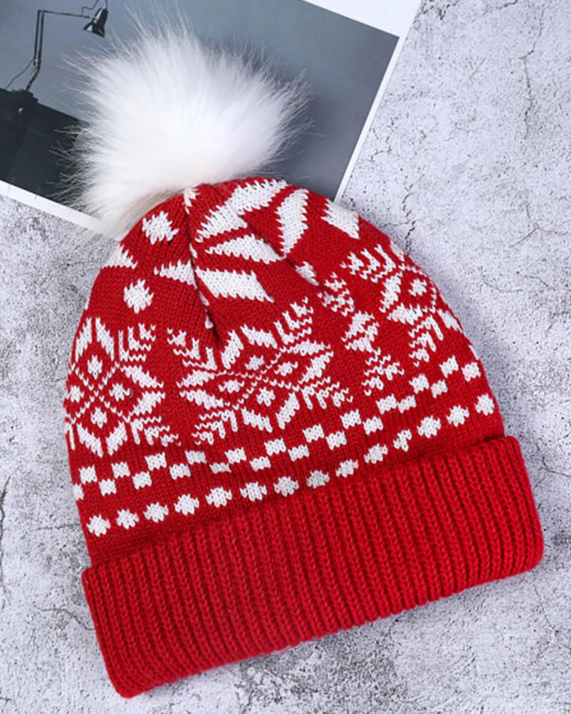 Christmas Print Pom Pom Cuffed Beanie