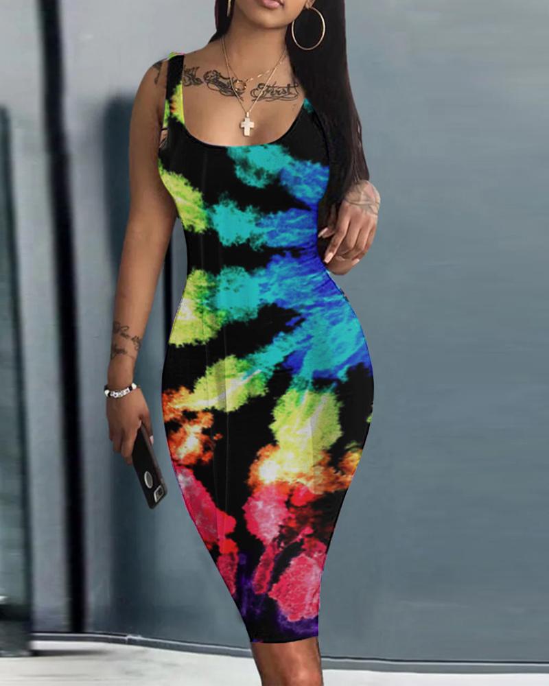 Tie Dye Print Sleeveless U-Neck Skims Dress