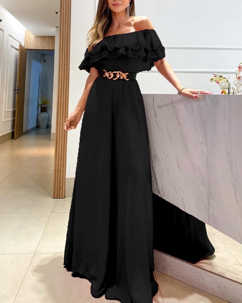 Off Shoulder Ruffle Hem Wide Leg Jumpsuit