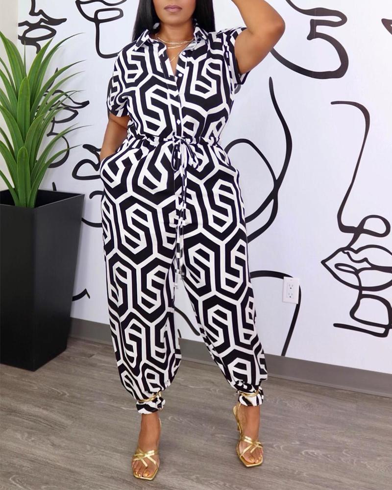 Abstract Print Buttoned Pocket Design Jumpsuit