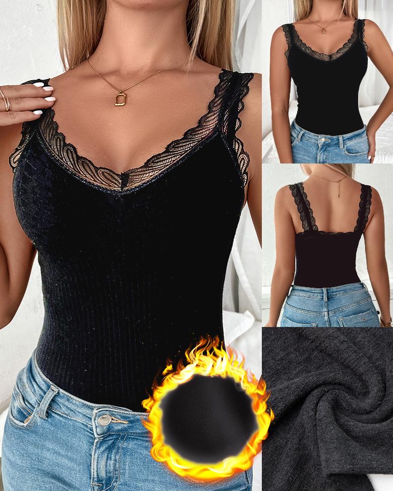 Contrast Lace Warm Fleece Lined Tank Top