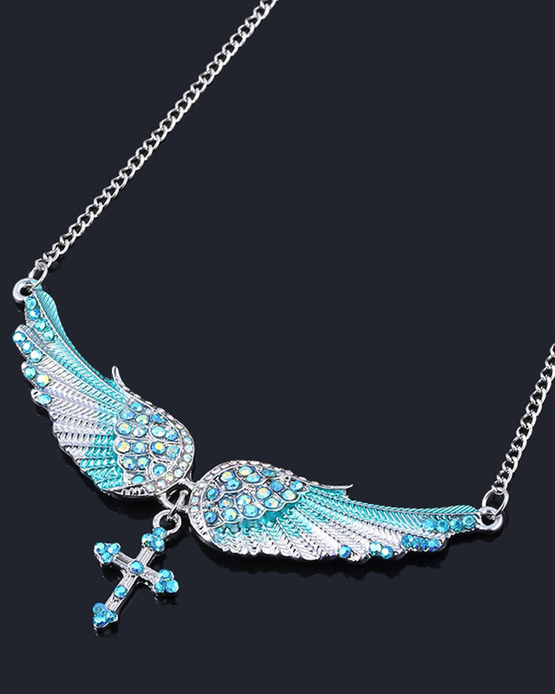 1pc Angel Wings Cross-Shaped Rhinestone Pendant Necklace