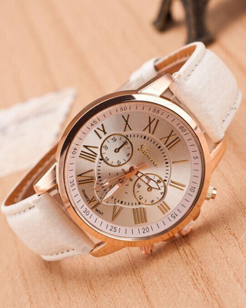 1pc Leather Band Quartz Watch