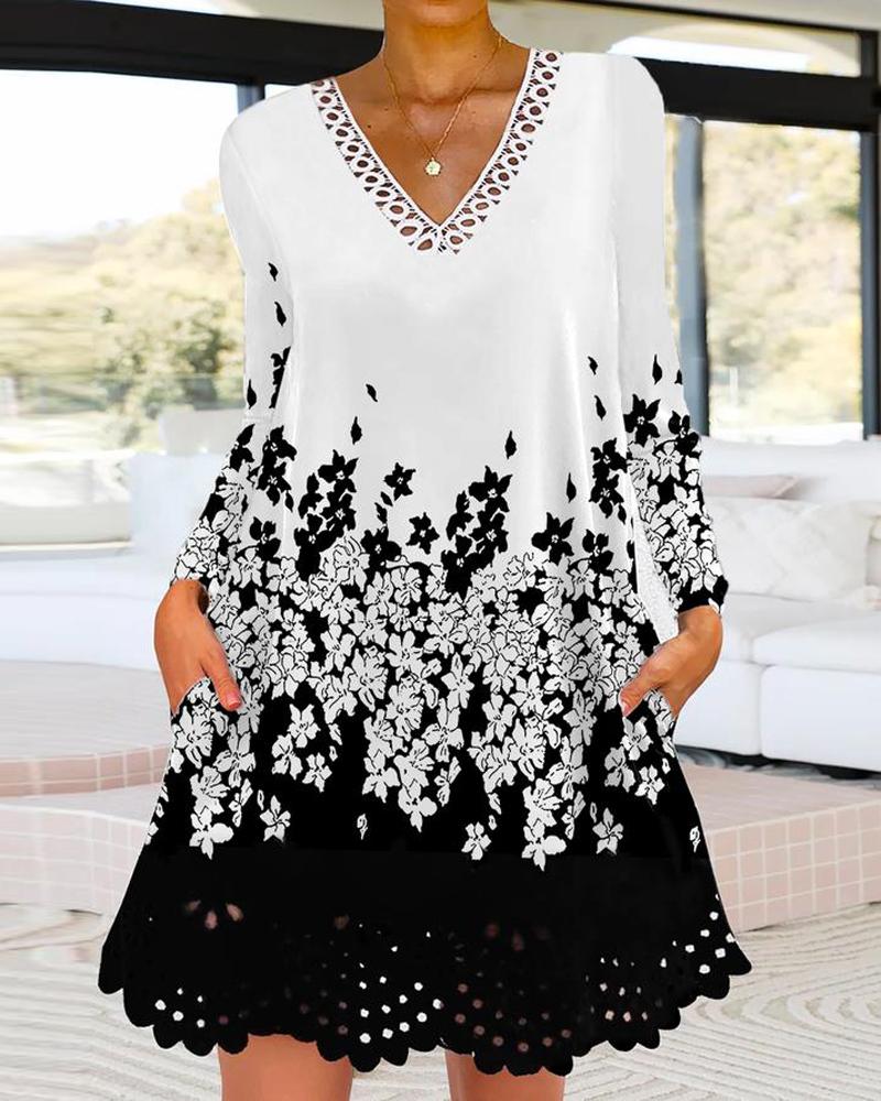 Casual Dresses Floral Print Hollow Out Long Sleeve Casual Dress