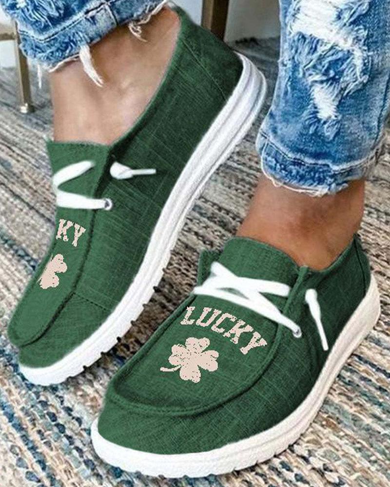 St. Patrick's Day Letter Lucky Clover Print Lace-up Loafers