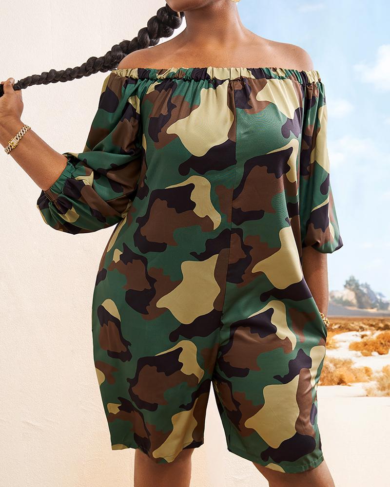 Plus Size Camouflage Print Off Shoulder Casual Romper