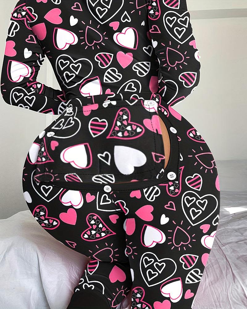 Heart Print Functional Buttoned Flap Sleep Onesie