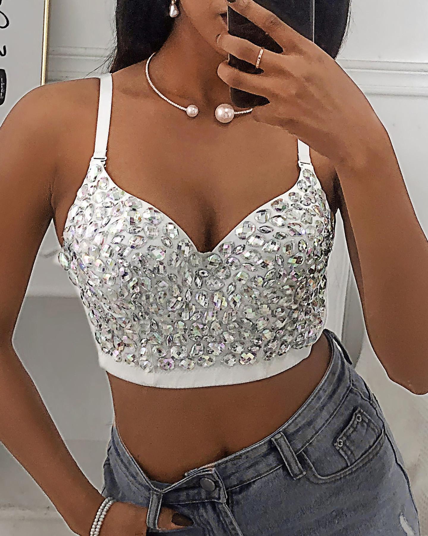 V-Neck Allover Rhinestone Corset Crop Top