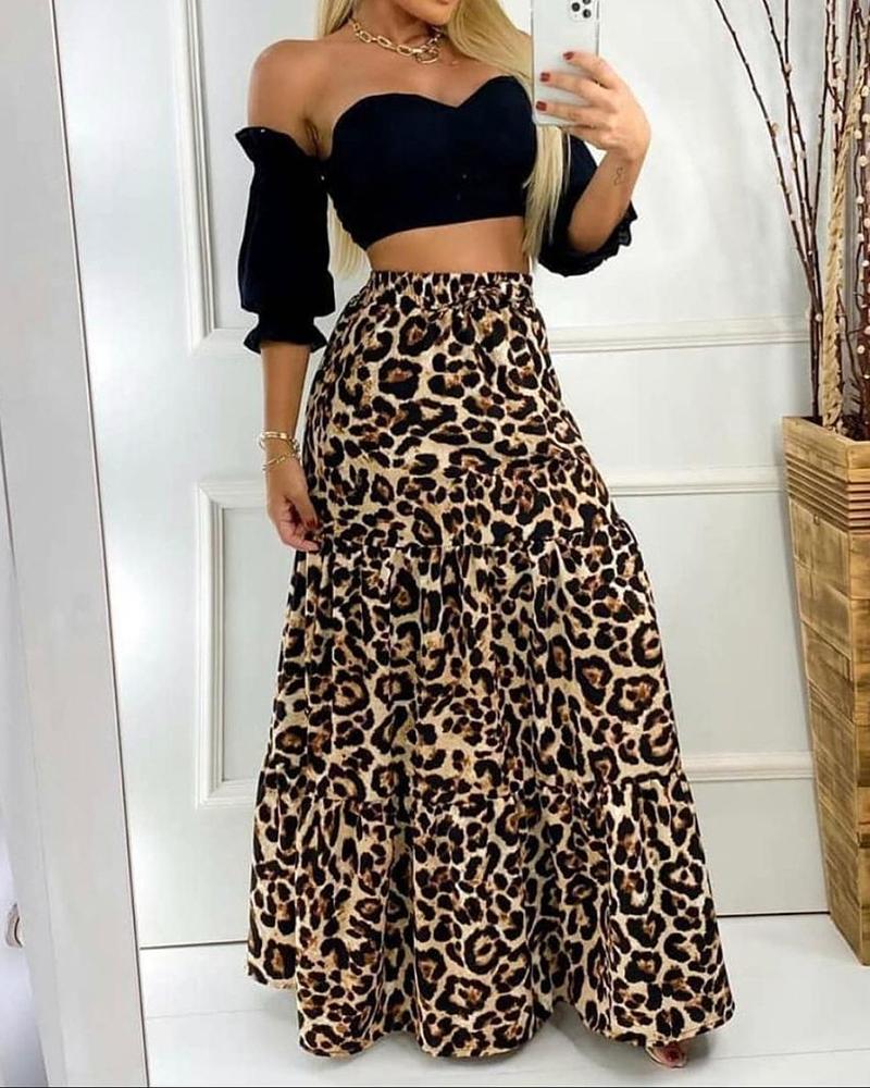 Off Shoulder Crop Top & Leopard Print Skirt Set