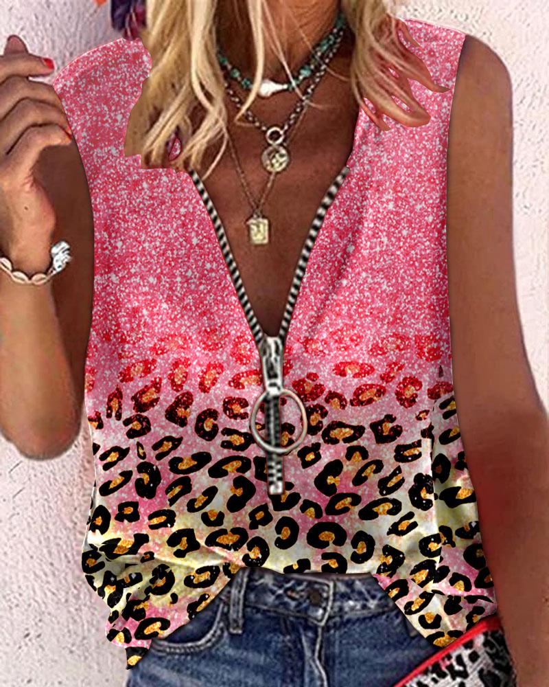 Pink Contrast Leopard Print Zipper Front Casual Tank Top