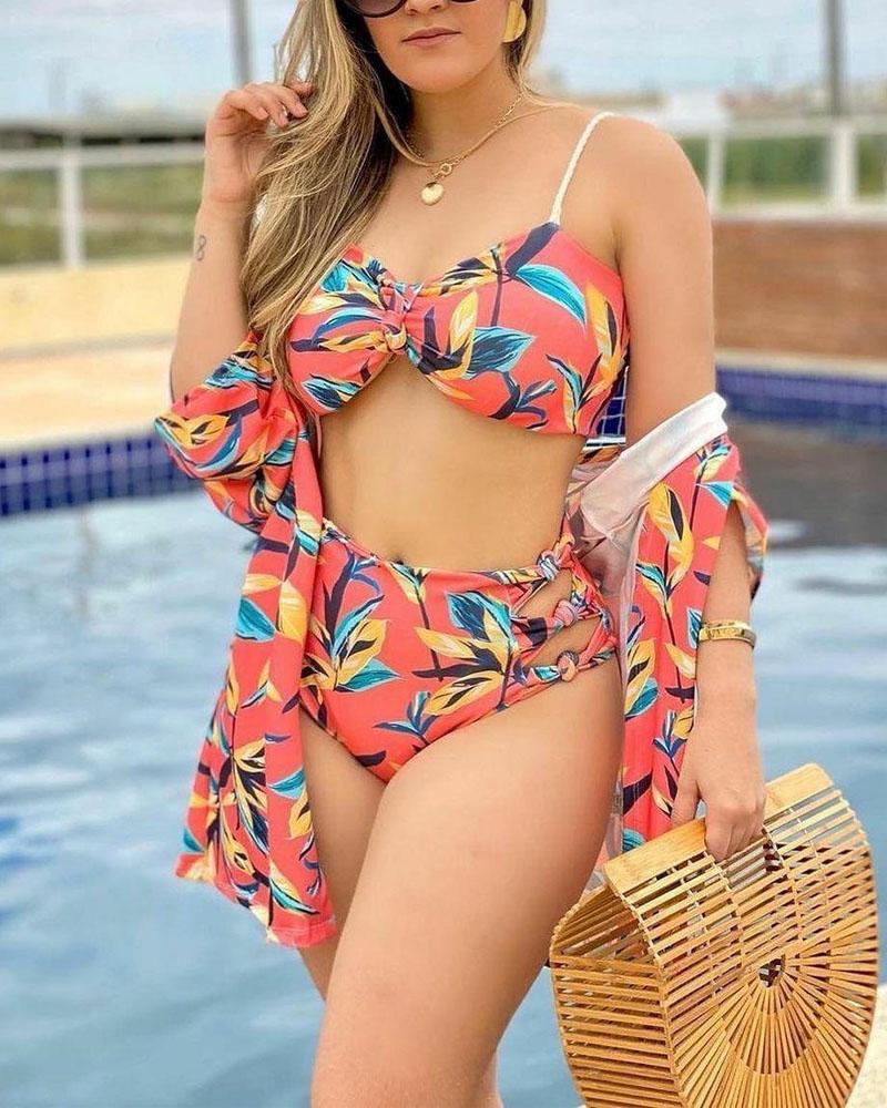 3PCS Plants Print Cutout Bikini Set With Cover Up