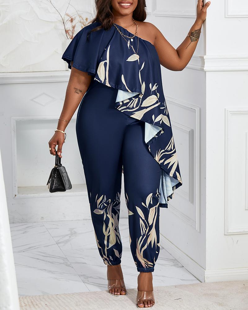 Plants Print One Shoulder Asymmetrical Ruffles Jumpsuit