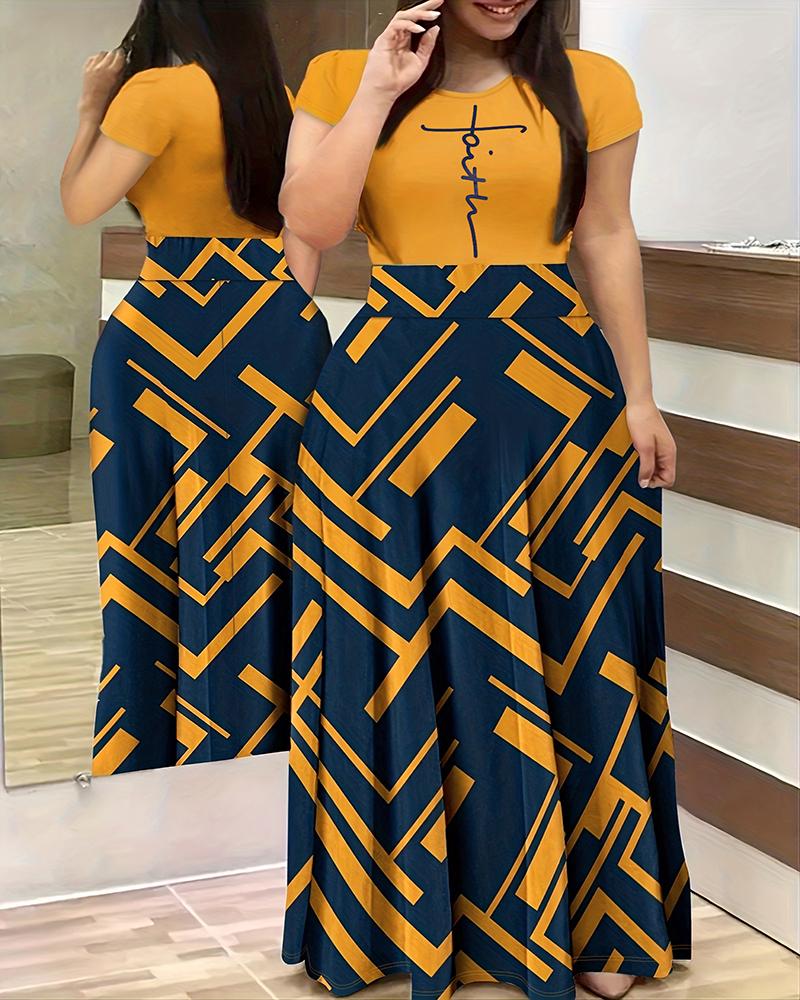 Plus Size Faith Letter Geometric Print Maxi Dress