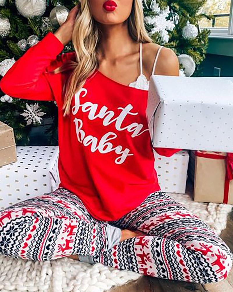 Christmas Letter Print Long Sleeve Pajamas Set