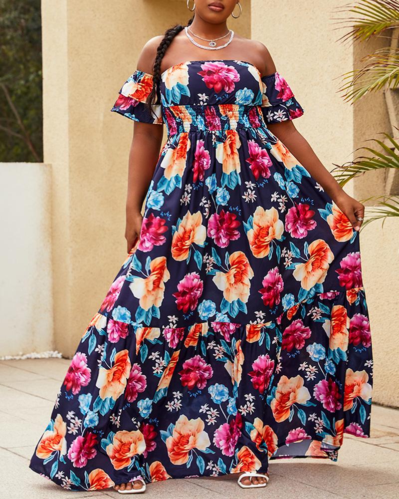 Floral Print Off Shoulder Shirred Maxi Dress