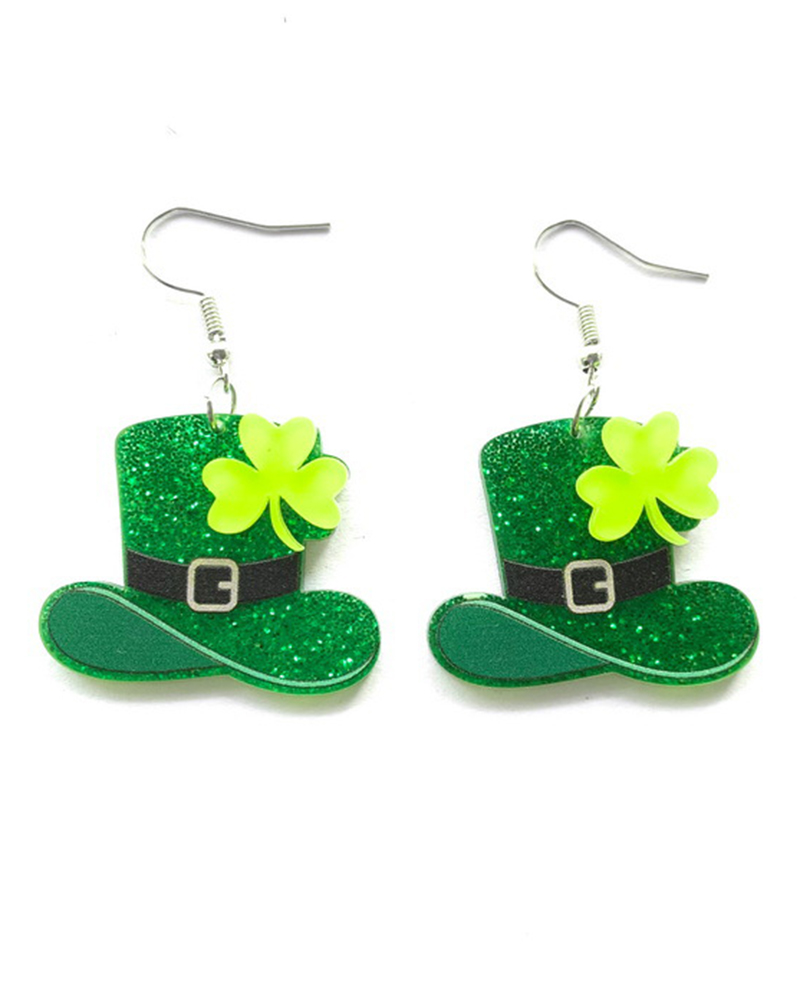 1Pair St. Patrick's Day Glitter Clover Magic Hat Shaped Drop Earrings