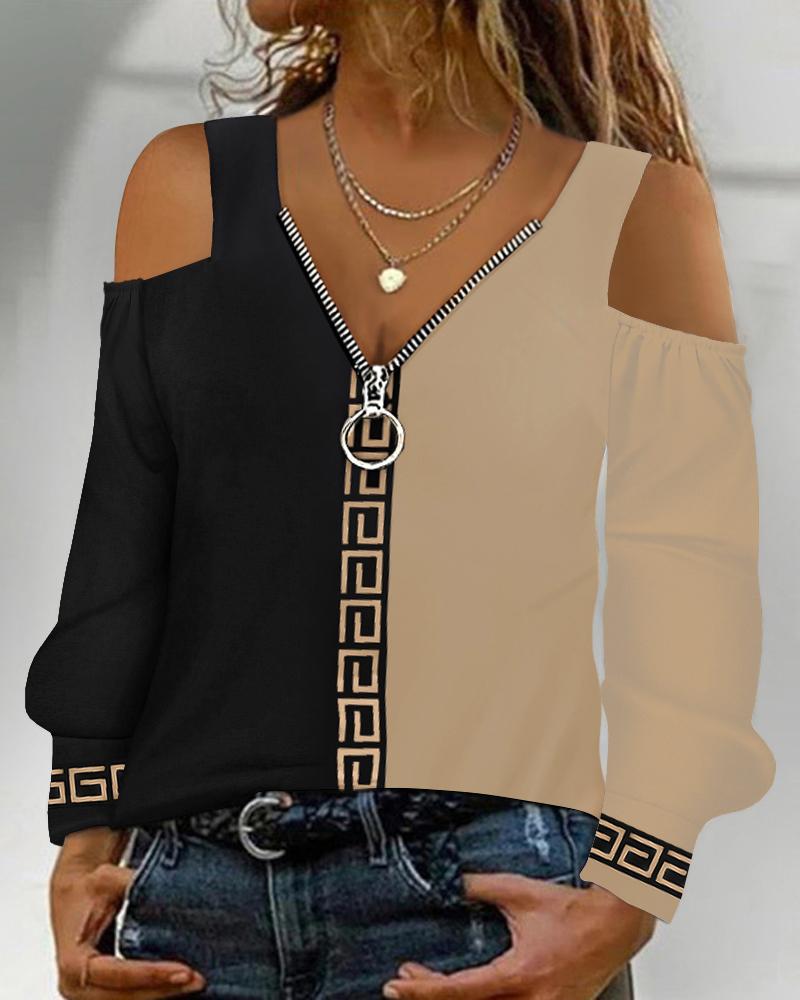 Geometric Print Cold Shoulder Top