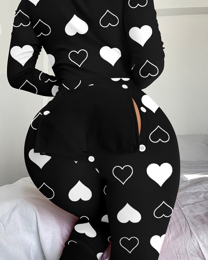 Pajama Rompers & Jumpsuits Heart Print Functional Buttoned Flap Sleep Onesie