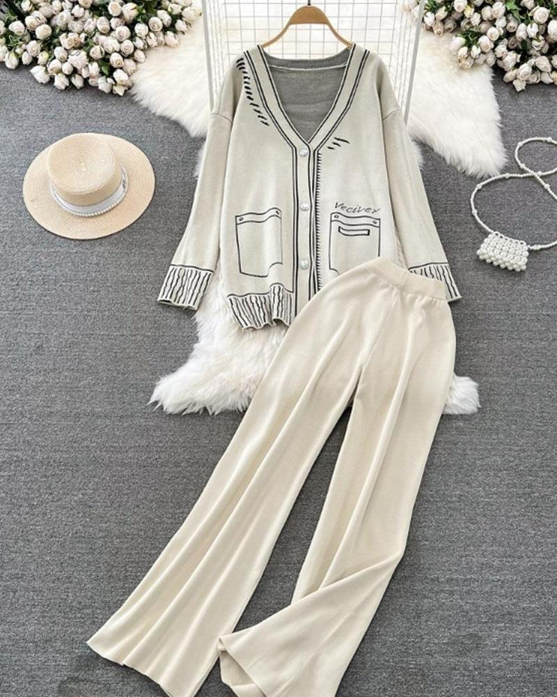 Cartoon Graphic Pattern Knit Cardigan & Wide Leg Pants Set