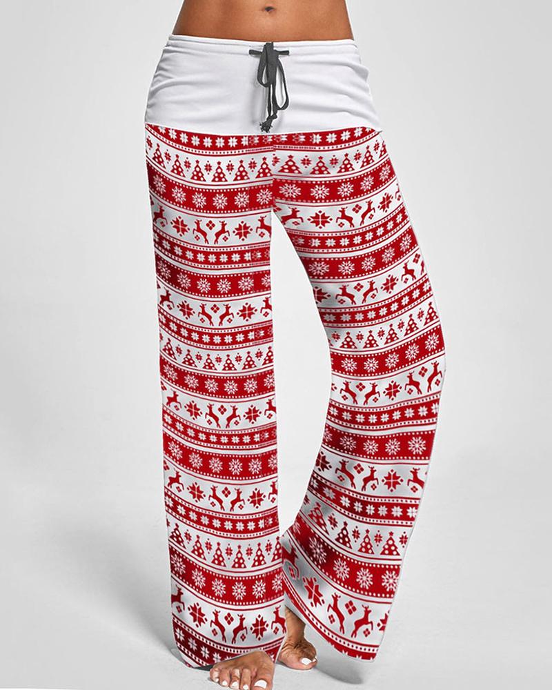 Christmas Print Drawstring Wide Leg Pants