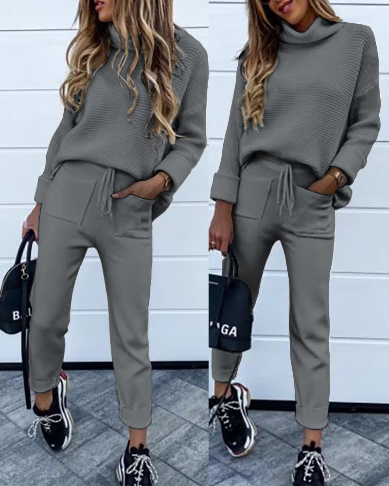 Turtleneck Long Sleeve Knit Top & Drawstring Pants Set